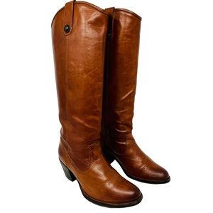 FRYE Brown Leather Jackie Button Boots Tall Knee High Pull On 8 Heeled Western